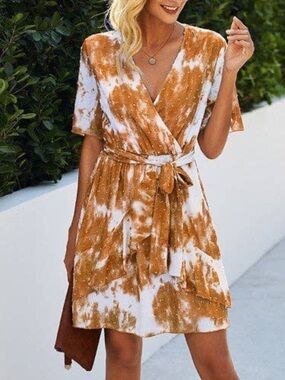 1112.  Tie-Dye Wrap Dress in Rust and White - Women
